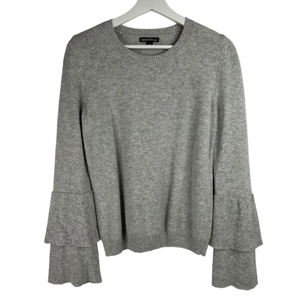 J Crew Mercantile Size S Sweater Gray Ruffle Tiered Bell Sleeve Wool Blend J7850